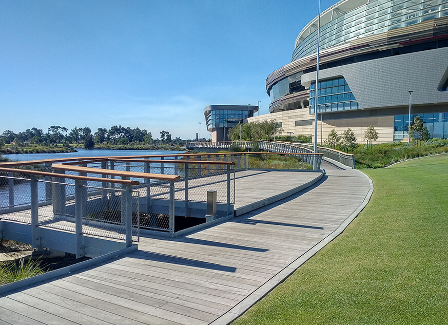 Standered Marineplank Timber Decking at Optus Stadium Precinct