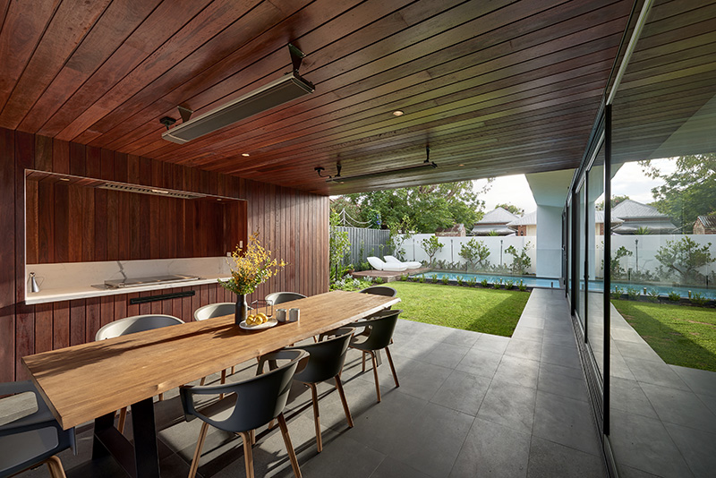 A dining table over seeing a biophilic interior environment 